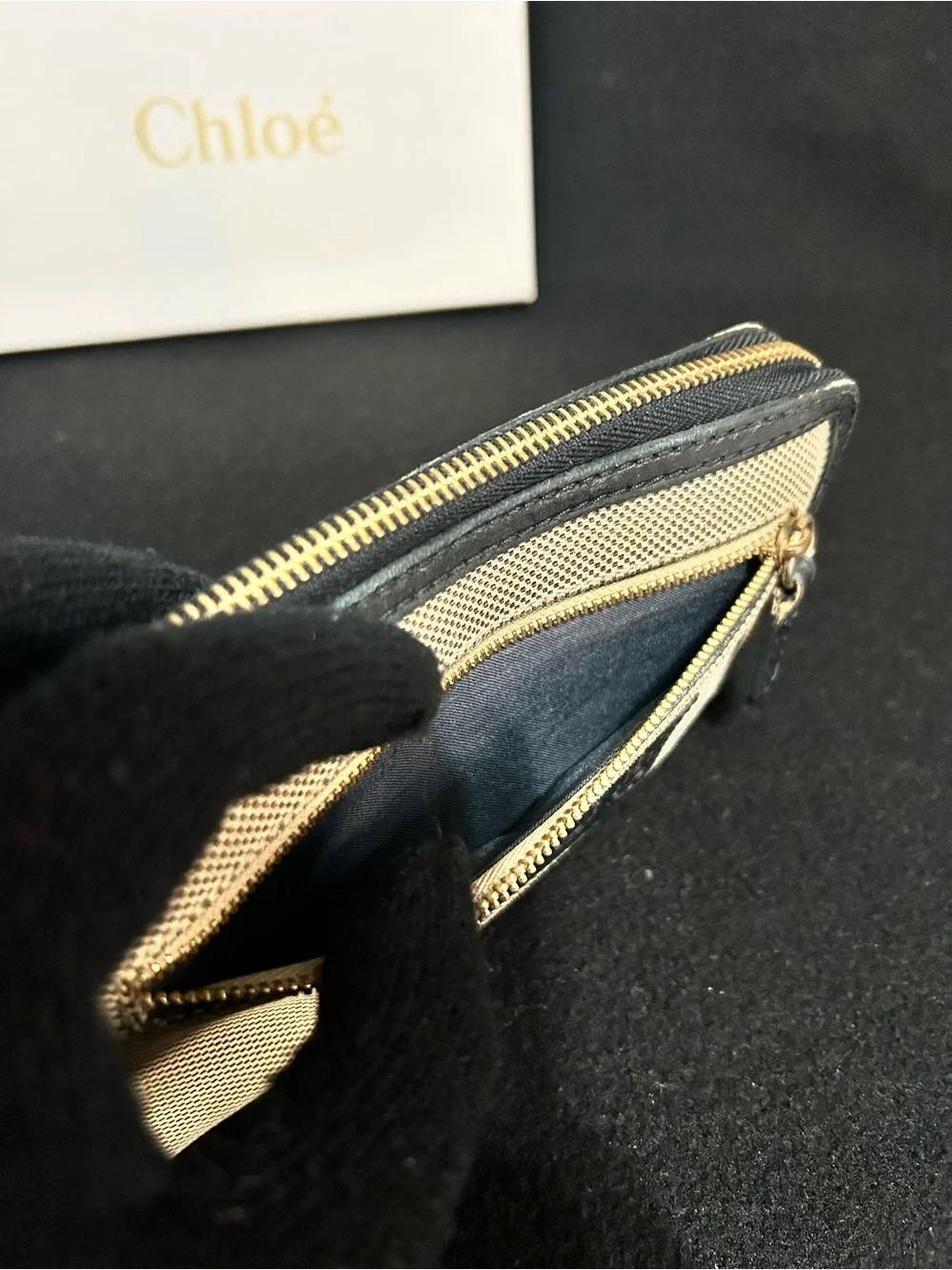 Chloé Beige Canvas and Black Leather Zip Wallet